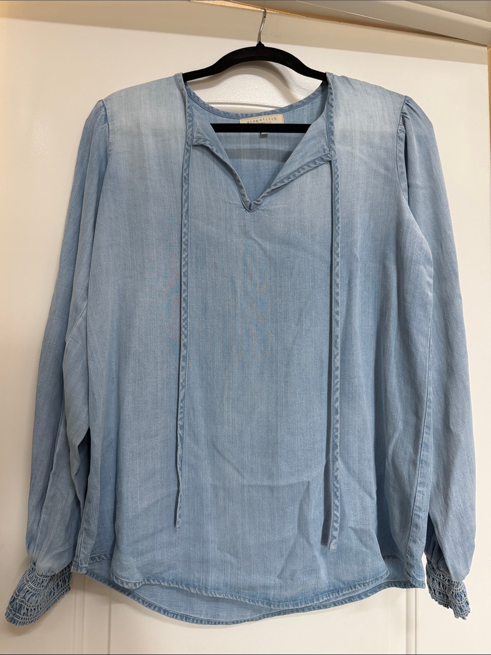 Side Stitch Tencel Light Blue Peasant Tie-Neck Blouse size XXS
